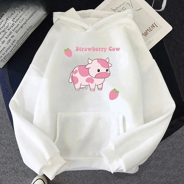 Cow and Strawberry Kawaii Printed Women Hoodies Casual Pullover Sweatshirt Autumn Winter Girl Streetwear Tops Clothing