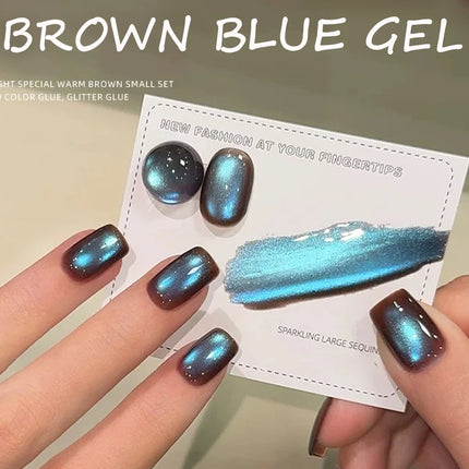 SHAKA 1pcs Autumn Winter Whitening Blue Temperament Glass Bead Cat Eye Gel Nail Polish Brown Blue Cat Eye Nail Art Nail Supplies