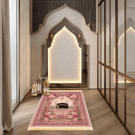 VIKAMA Muslim Prayer Rug with Pink Heart Print, Islamic Design Foldable Travel Mat, Washable And Portable For Salah, Eid, Hajj
