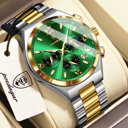 POEDAGAR Fashion Functional Men's Wristwatch Luminous Week Date Business Watch For Men Stainless Steel Sports Men's Quartz Watches