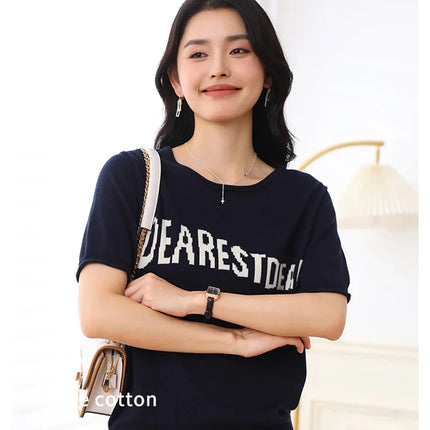 Women's Summer T-shirt 100% Pure Cotton Casual Solid O-neck Pullover Loose Fit Short Sleeve Fashion Sweater