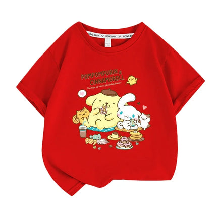 Sanrio Summer Baby Girls 100% Cotton Clothes Kid Children Boys Pompompurin Printed T-shirts Cartoon Short Sleeve Top Outfits