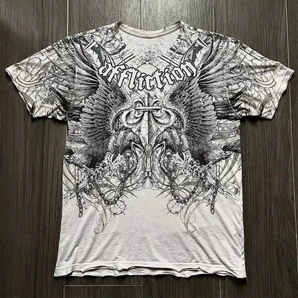 Summer European and American fashion men's breathable and comfortable round neck T-shirt wing cross print outdoor top