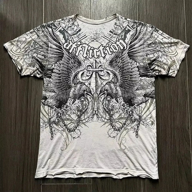 Summer European and American fashion men's breathable and comfortable round neck T-shirt wing cross print outdoor top