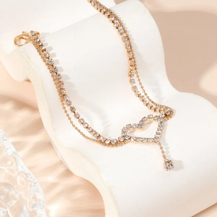 Shiny Bling Heart Drop Tassel Charm Double Layer Anklet Women Beach Foot Chain Vacation Jewelry Summer