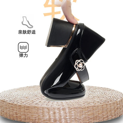 Women's Leather Shoes New Style Dancing Shoes Leongyue Mother Shoes Soft Sole Thick Heel Women's Shoes One-Button Single Shoes