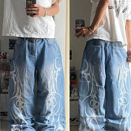 vintage style printing black baggy jeans harajuku trend men women hip hop fashion casual Joker couple Wide-leg pants streetwear