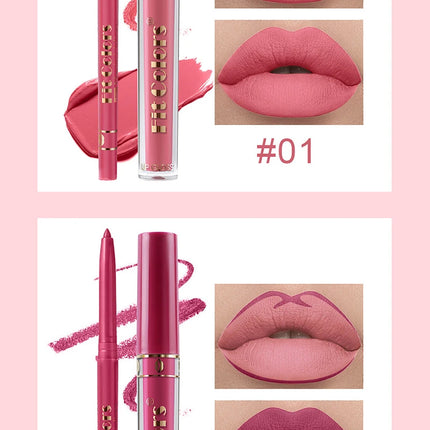 Matte Lip Gloss & Lipliner Pen Set Makeup Women Gift 24h Long-lasting Waterproof Non Stick Cup Mirror Lipstick Sexy Lips Makeup
