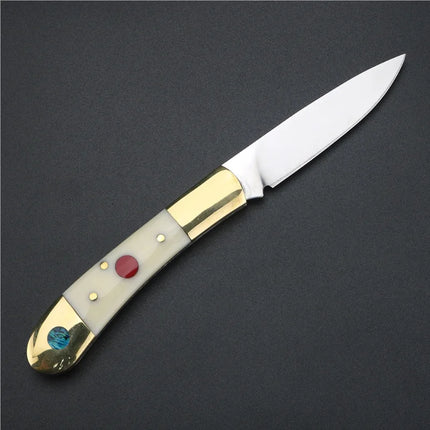 Brass beef bone handle folding knife, 9cr18 stainless steel fruit knife. Exquisite pocket knife, perfect gift