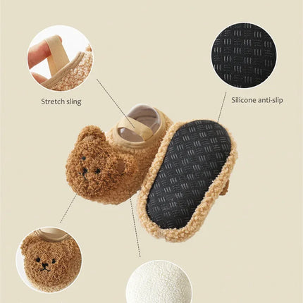 Cartoon Bear Baby Shoes Winter Thick Warm Newborn Shoes Non-slip Soled Soft Plush Toddler Kids Boy Girls Infant First Walkers