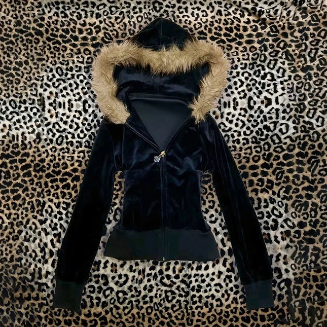 Hip Hop Streetwear Dark Faux Fur Collar Y2K Zip up hoodie Harajuku Graphic Print Punk Clothes Rock Goth Zipper Hoodie sweatshirt
