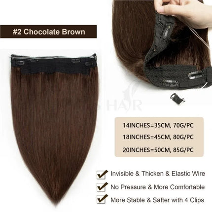 #1 Jet Black Fish Line Wire Hair Extensions Invisible Clip in Human Hair Extensions 4 Clips Real Natural Hair 12-24Inch