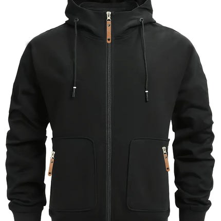 Men Full Zip Hooded Jacket Waffle Grid Texture Solid Color Zipper Pocket Long Sleeve Casual Outdoor Sweatshirt Coat