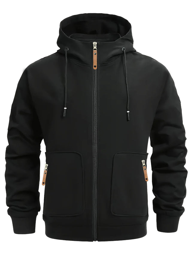 Men Full Zip Hooded Jacket Waffle Grid Texture Solid Color Zipper Pocket Long Sleeve Casual Outdoor Sweatshirt Coat