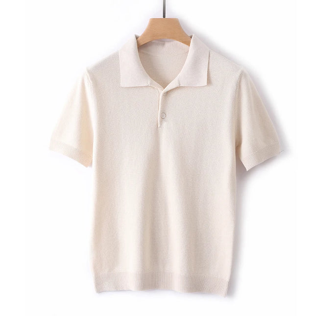 2025 Spring/Summer New Men's Short Sleeved 100% Cotton T-Shirt Sweater POLO Collar Loose Knit Pullover Business Casual Tops