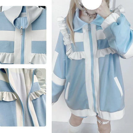 Women clothing Y2K Sweet stitch Subculture Patchwork Hoodies Women's Autumn Winter Ruffled Hoodie with Fleece Loose Zipper shirt