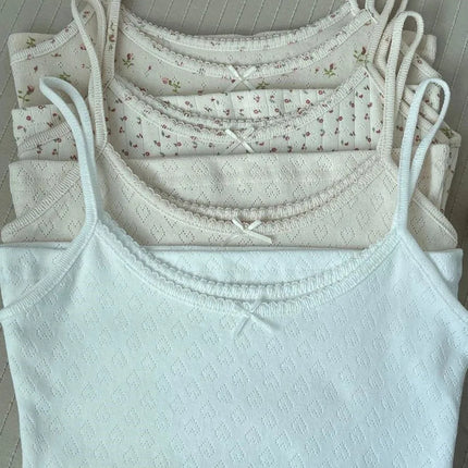 Sweet Floral Print Eyelet Bow Cropped Vests Women Cotton Casual Slim Lace Trim Tank Tops Vintage Preppy Style Cute Camisole Y2K