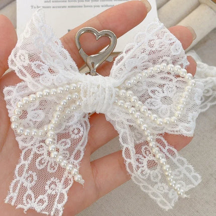 Korean Cute Lace Bow Pearl Beaded Phone Pendant Chain Accessories Aesthetic Ballet Shoes Camera Bag Decoration Keychain Gift
