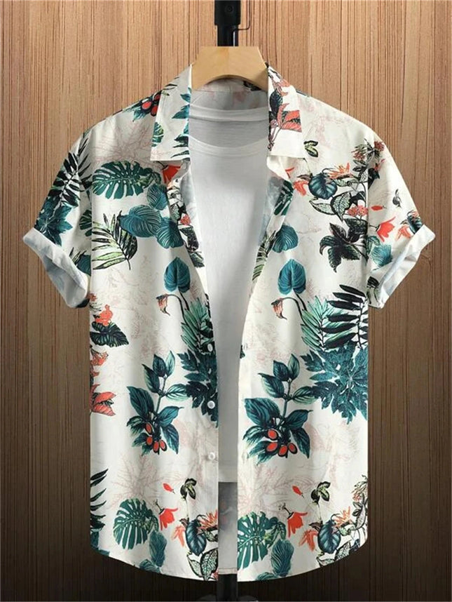 Hawaiian 3D Plant Shirt Flower Geometric Printed Blouse Street Outdoor Single-Breasted Beach Short Sleeve Tops Men's Clothing