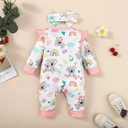 0-12 Months Newborn Baby Girl Clothes Long Sleeves Cute Cartoon Bodysuit with Headband 2PCS Infant Romper Toddler Girl Jumpsuit