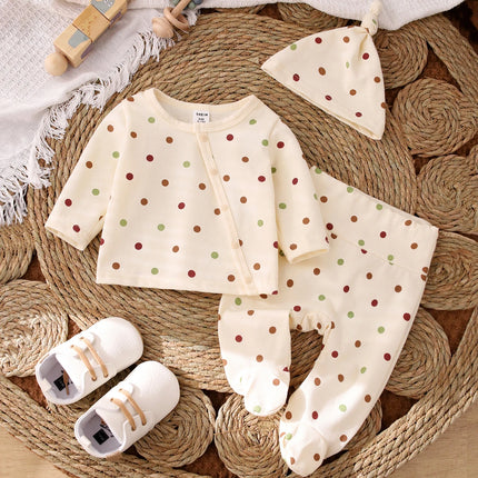 Baby Polka Dot Three-Piece Set 0-12 Months Old Newborn Spring and Autumn Soft Cotton Button-Up Top + Footed Pants + Hat Infant Fresh Polka Dot Cute Loungewear Set