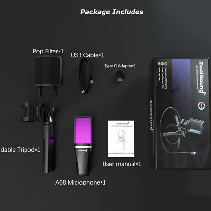 Zealsound RGB USB Condenser Gaming Microphone Computer Professional Mic For PC PS4 PS5 Mac Phone Recording Streaming Podcasting