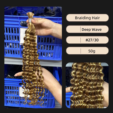 Human Braiding Hair for Boho Braids 50g/Pack Highlight Deep Wave Bulk Human Hair 4/27 Ombre Knotless Braiding Hair Extensions