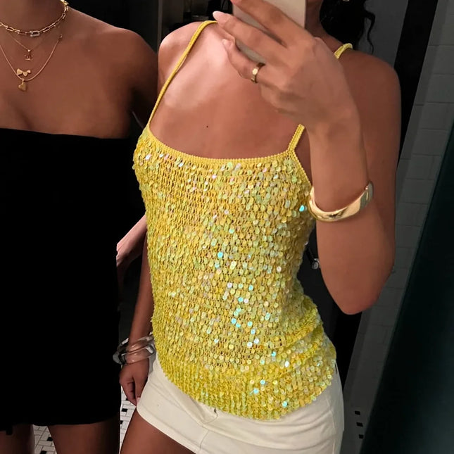 hirigin Sequin Crochet Crop Tops Women Summer Beach Knitted Smocked Camis Sparkly Glitter Backless Cover-up Crop Tops Vest