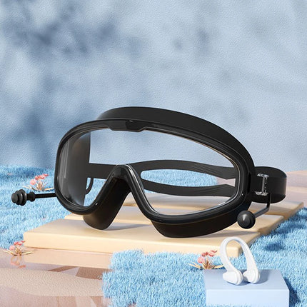 Large Frame Outdoor Swimming Goggles Anti-Fog Wide View Scuba Diving Swimming Glasses with Earplugs for Adult Youth Water Sports