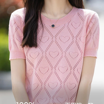 New Summer Fashion 100% Pure Cotton Women's Sweater Short sleeved Casual O-neck Pullover T-shirt Loose Knitted Hollow Top