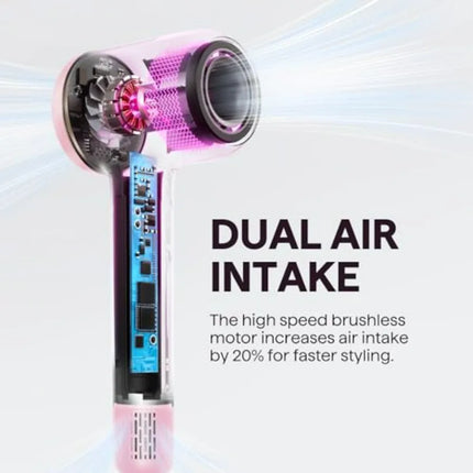 Hair Dryer for salon and home use, ceramic-coated pink model with 110, 000 RPM motor, pro negative ions to reduce damage and sm