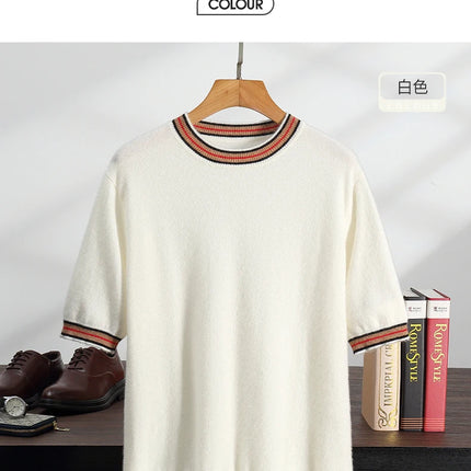 Men's T-shirt 2026 Spring/Summer New 100% Cashmere Round Neck Color Blocking Short Sleeved Knit Pullover Casual Men's Clothing