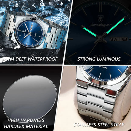 POEDAGAR Fashion Casual Men's Wristwatch Waterproof Luminous Date Week Men's Watches Stainless Steel Quartz Business Men Watch+Box