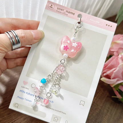 Pink Princess Bow Heart Phone Charm Bowknot Imitation Pearl love Star Beaded Lanyard Chain Keyring for Phone Backpack Wallet