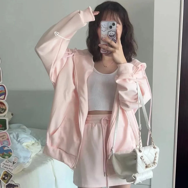 Autumn Winter Thickened Fleece Hooded Sweatshirt Lazy Style Solid Color Open Cardigan Zipper Top Women's Pink Sweatshirt