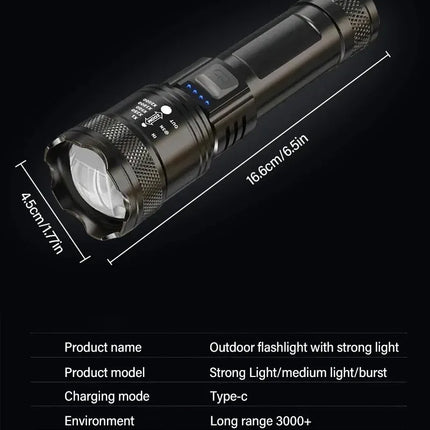 Rechargeable LED Flashlight Zoomable Torch with LCD Display 3 Modes Waterproof High Power Hand Light Outdoor Wilderness Camping