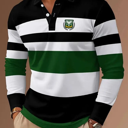 The new men's long-sleeved POLO shirt for Spring and Autumn 2025 is casual fashionable and comfortable with 3D striped printing