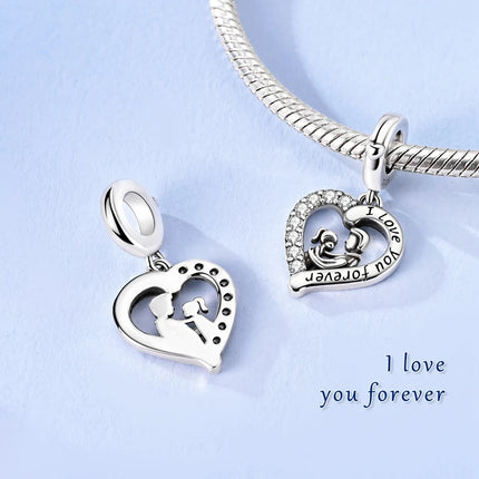 Charm Bead 925 Sterling Silver Heart Starry Sky Family Mother-Daughter-Sister Charm Fit Bracelets Pendant Women DIY Jewelry Gift