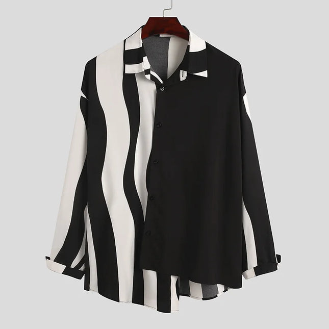 2026 Men Striped Patchwork Shirts Brand Streetwear Lapel Tops Fashion Irregular Shirts Long Sleeve Casual Camisas S-5XL INCERUN