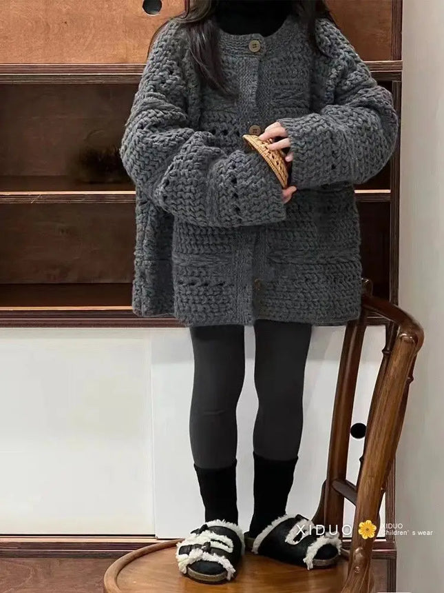 Girls Autumn Winter Sweater 2025 New Korean Fashionable Childrens Solid Color Long Sleeve Single Breasted Knitted Hollow Out