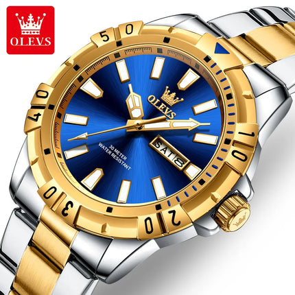OLEVS Men's Watches Luxury Diving Series Stainless Steel Waterproof Luminous Dual Calendar Fashion Quartz Wristwatch for Men