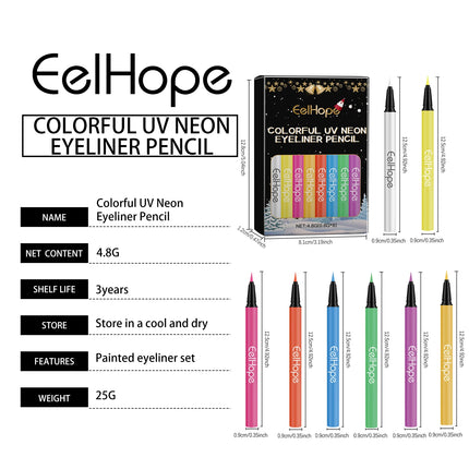 8 Color Christmas Neon UV Luminous Eyeliner Pen Set Glitter Makeup Eye Liner Pencil Tool Waterproof Sweatproof Body Face Makeup