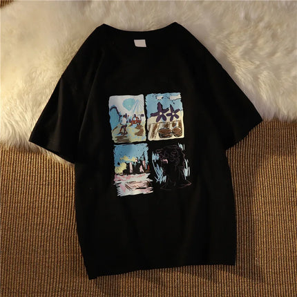 Vintage Short Sleeve T-Shirt Women Loose Korean Style Street Fashion Half Sleeve Top Fresh Sweet Style Polyester Fiber