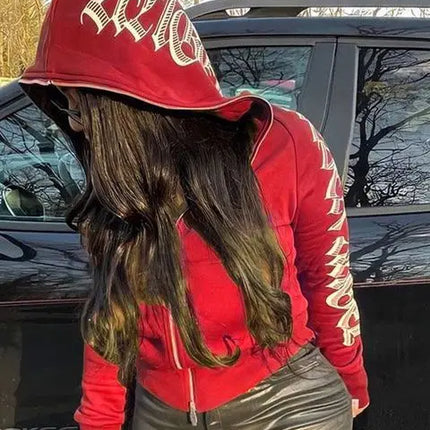 New 2023 Winter Letter Printed Zip Up Hoodie Streetwear Women Cyber Y2k Jackets Cardigan Gothic Punk Clothes Sweatshirts