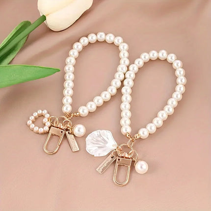 1 Pc Cute Seashell Heart Shape Imitation Pearl Bead Chain Pendant Wristband Phone Chain Keychain Bag Decorative Accessories