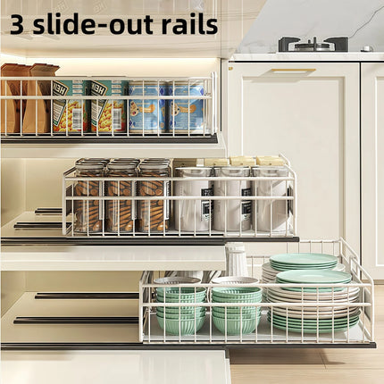 1/2pcs Expandable Cabinet Drawer Organiser (12"-20"), Pull Out Drawer Tray with 3 Sliding Rails, Mounts with Adhesive or Screws