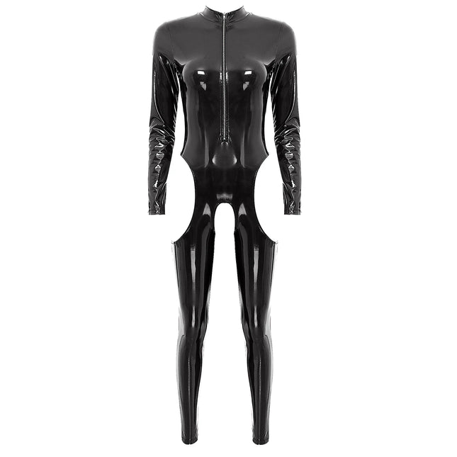 Women's Sexy Open Crotch Wet Look Jumpsuit Faux Leather Full Body Suit Latex Catsuit Long Sleeve Zipper Leotard One-Piece Clubwear