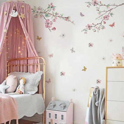 Pink Flowers Blooming Tree Branch Butterfly  Floral Watercolor Wall Stickers for Nursery Bedroom Living Room Wall Decals Murals