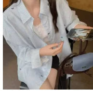 Women's Plus Size Long Sleeve Blue Striped Bow Print Shirt Casual Loose Unique Design Blouse
