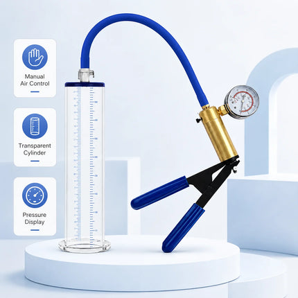 Sex Toys Vacuum Pump Trainer with Clear Acrylic Measuring Cylinder Blue Hose Metal Pressure Gauge and Manual Air Control Handle